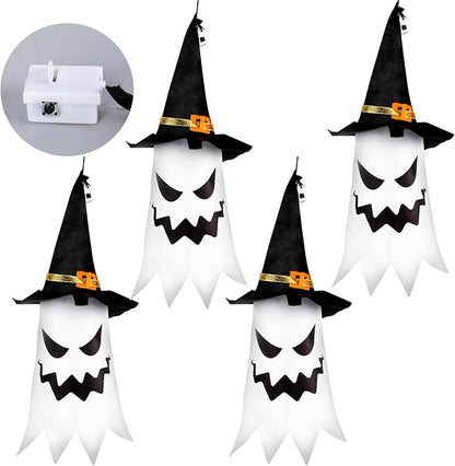 Halloween Decorations Outdoor Halloween Decor Hanging Outdoor Glowing Ghost Witch Hat Decorations Indoor Ornaments for Home Tree Garden Yard (4Pcs)