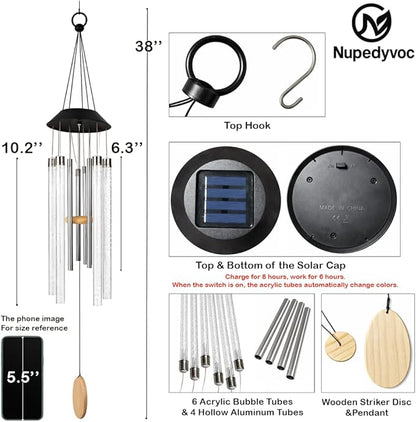 38” Bubble Column Aluminum Tube Solar Light LED Wind Chime for Outside, Weather Resistant Outdoor Garden Patio Soft Tone Decor, Ideal Gift for Birthday, Mother's Day, Meditation, Relaxation