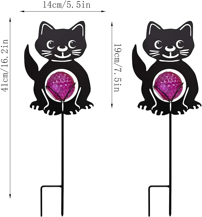 Back Cat Solar Lights Outdoor Decorations, 2 Pack Metal Iron Solar Stake Lights for Yard, Garden, Lawn Decor