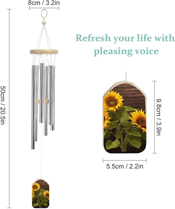 Wind Chimes for Outside,Sunflower Plant Printed Cute Aluminium Windchimes Outdoors,Soothing Melodic Memorial Wind Chime for House Porch Patio Garden Balcony Decor