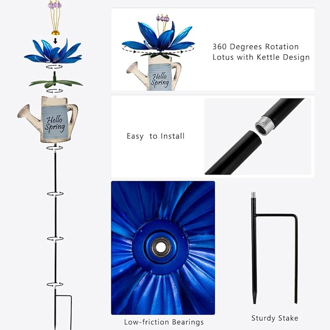 Wind Spinners Outdoor, 360 Degree Lotus Wind Sculptures Windmill, Metal Decorative Garden Stakes for Spring Garden Yard Decor, 36.2" H x 9.4" W