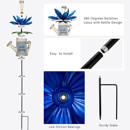 Wind Spinners Outdoor, 360 Degree Lotus Wind Sculptures Windmill, Metal Decorative Garden Stakes for Spring Garden Yard Decor, 36.2" H x 9.4" W