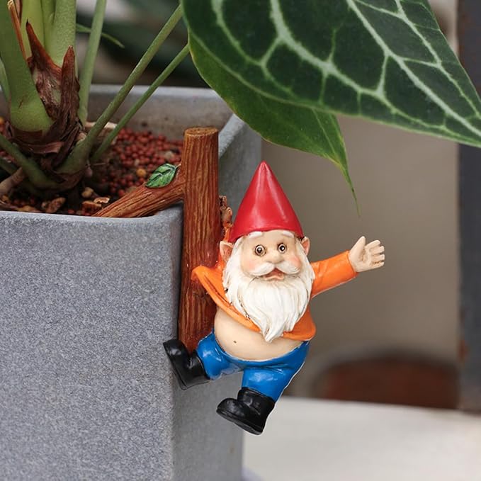 Funny Garden Gnome Statue Flower Pot Hugger, Jackets Hanging on Branch Gnome Figurine Resin Sculpture Outdoor Decor Patio Lawn Yard Fence Plant Pot Ornaments