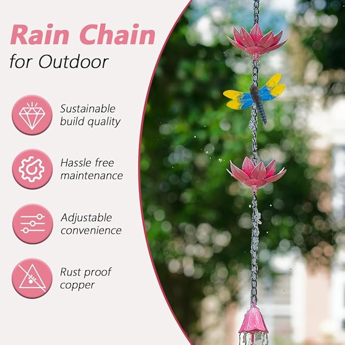 10ft Lotus Rain Chains for Outside, 12-Cup Rain Chain Replacement Downspout for Gutters,Eaves, Drainage, Adjustable Length(Pink)
