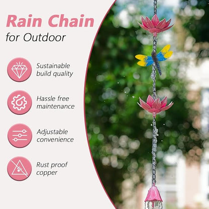 10ft Lotus Rain Chains for Outside, 12-Cup Rain Chain Replacement Downspout for Gutters,Eaves, Drainage, Adjustable Length(Pink)