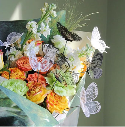 3D Butterfly Garden Stake Decor,10" PVC Butterfly Garden Decor for Outside,Shaking Head Artificial Butterflies for Cake Bouquet Wall Lawn Pathway Plant Pot Flower Bed Yard Decor (50, White)