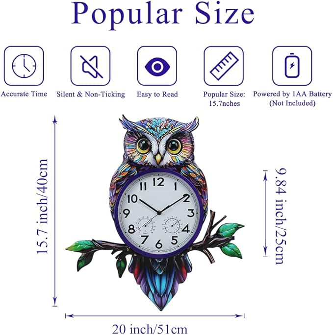 Large Outdoor Clock with Thermometer & Humidity, Owl Outdoor Wall Clock Silent No-Ticking Outside Clock for Patio, Living Room, Kitchen