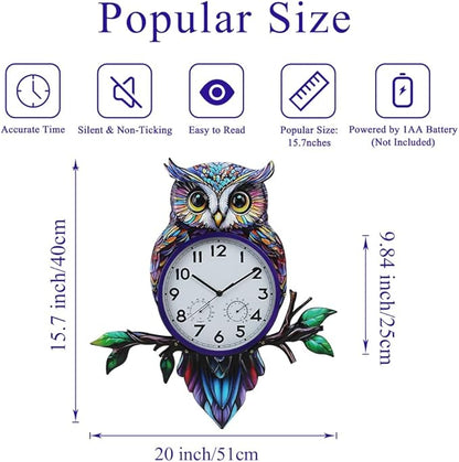 Large Outdoor Clock with Thermometer & Humidity, Owl Outdoor Wall Clock Silent No-Ticking Outside Clock for Patio, Living Room, Kitchen