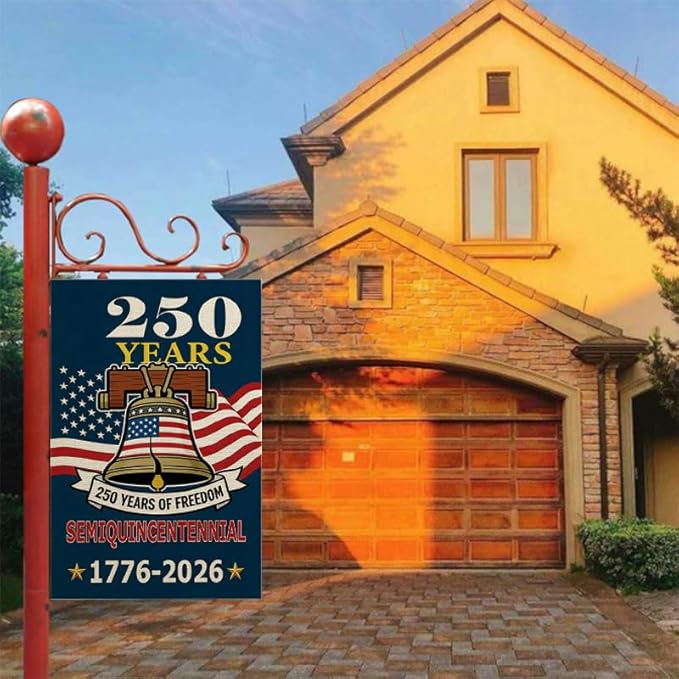 ZXvZYT 250 Years of Freedom America Garden Flag,Semiquincentennial,USA 250th Anniversary Patriotic Clock Design Flags Banner Double Sided Flax Outdoor Yard Decorative(12"x 18")