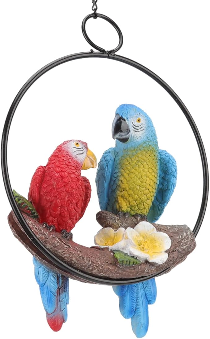 Keebgyy Metal Birds Outdoor Decor, Parrots Hanging Statue, Garden Iron Rings Parrots Pendant Resins Bird Model Crafts Courtyard Balcony Decorations Small Red Blue Macaw, Macaw Model Pendant Red