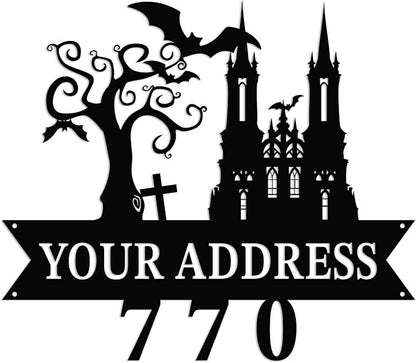 Personalized Gothic House Number metal Signs,Custom Address Number Metal Wall Art Decor,Black Plaques Outdoor wall Decorative Signage,Shed(8-30 Inches) (Castle C)