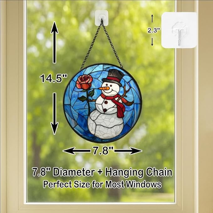 Stained Glass Window Hanging Christmas Snowman with Rose 7.8in Sun Catchers Panel for Indoor Decorative Display for Mom Wife Lovers Festive