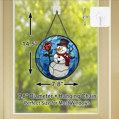 Stained Glass Window Hanging Christmas Snowman with Rose 7.8in Sun Catchers Panel for Indoor Decorative Display for Mom Wife Lovers Festive