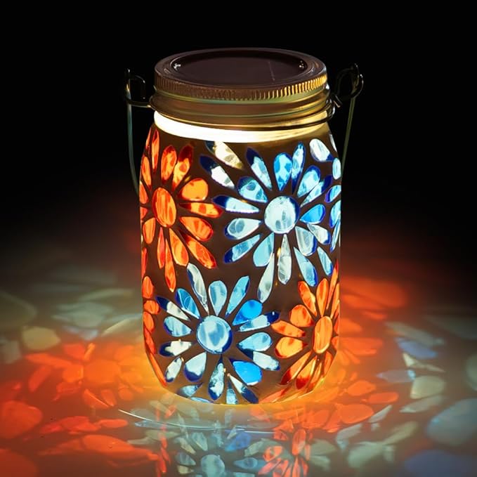 Starsoul Solar Lanterns Outdoor Waterproof, Mosaic Flowers Glass Solar Hanging Outdoor Lights, Decorative Solar Lantern for Outside Pathway Patio Porch Yard Decor