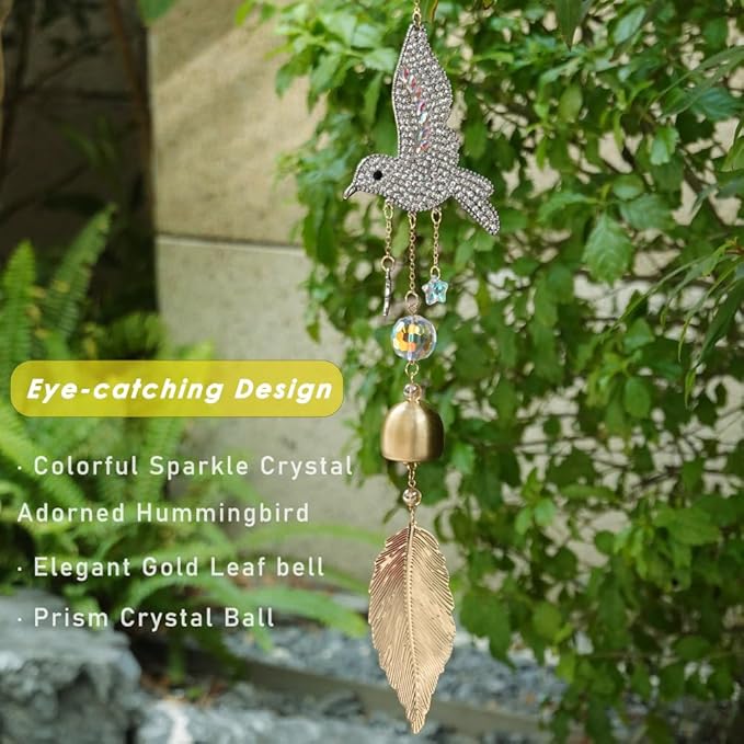 Hummingbird Rhinestones Hanging Bell for Window Decor - Wind Chime with Suncatcher for Patio Hallway Indoor Home Decor - Fengshui Hanging Bell Chimes for Good Luck