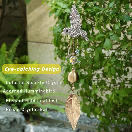 Hummingbird Rhinestones Hanging Bell for Window Decor - Wind Chime with Suncatcher for Patio Hallway Indoor Home Decor - Fengshui Hanging Bell Chimes for Good Luck