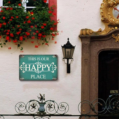 Metal Porch Signs Outdoor - This is Our Happy Place Sign, Vintage Welcome Sign for Front Door, Deck, Backyard, Outside Yard, Farmhouse, Garden, Pool, Patio, Porch Decor Wall Art, 12 x 8 inch
