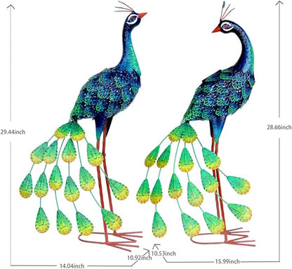 Kircust Solar Metal Peacock Statues - Set of 2 Weatherproof Outdoor Decor with Solar Lights for Garden, Yard, or Patio - Elegant Peacock Gifts