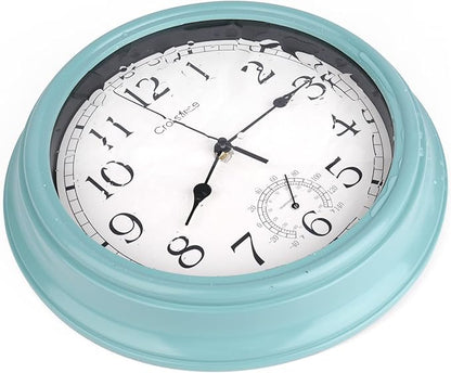 Crosstime 12 Inch Outdoor Clock Waterproof with Thermometer,Vintage Indoor Outdoor Wall Clocks for Patio, Pool, Garden, Bathroom Wall Decor - Teal