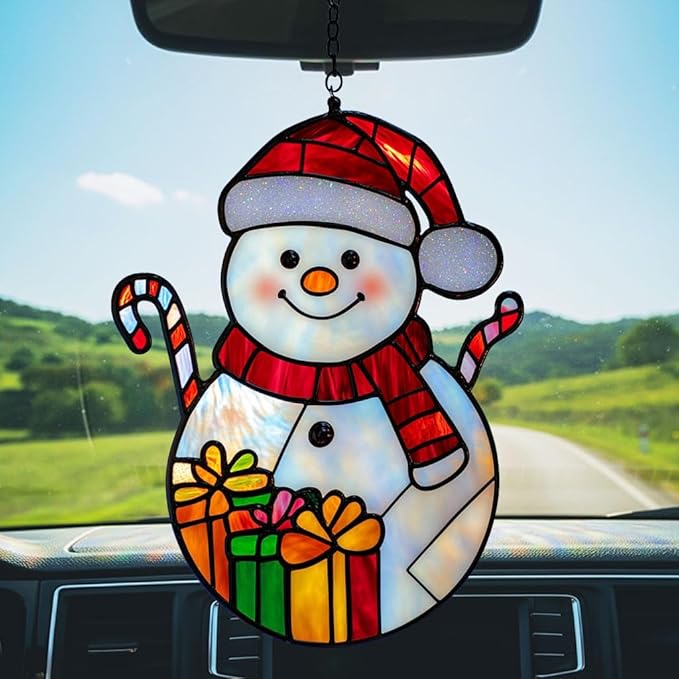Cute Snowman Acrylic Suncatcher Stained Glass Effect Window Car Hanging Christmas Ornament Indoor Outdoor Decor Garden Sun Catcher Panel for Christmas Lover for Women Mom Grandma