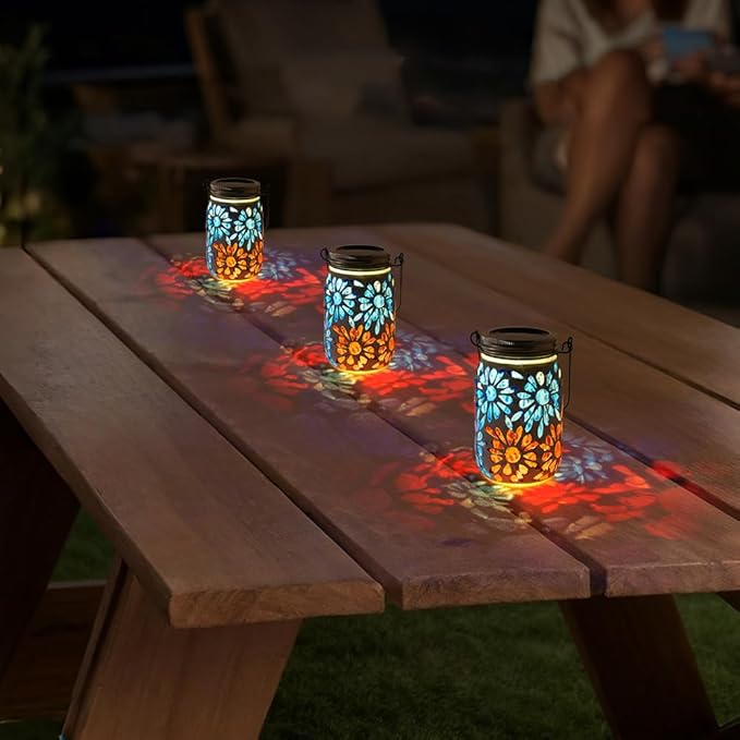 Starsoul 4 Pack Solar Lanterns Outdoor Waterproof, Mosaic Flowers Glass Solar Hanging Outdoor Lights, Decorative Solar Lantern for Outside Pathway Patio Porch Yard Decor