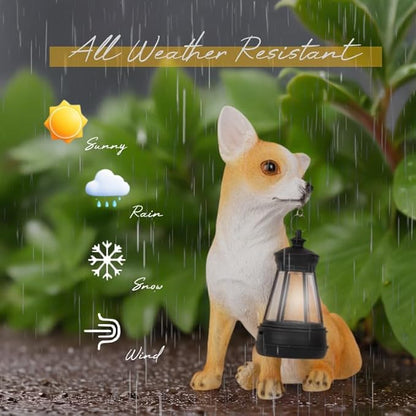 Chihuahua Garden Statues with Solar Lantern, Outdoor Figurine Resin Sculpture Hanging Solar Power Lights for Decoration Yard Patio Balcony Lawn Ornament Art Decor, Unique Gift for Grandma Wowen Mom
