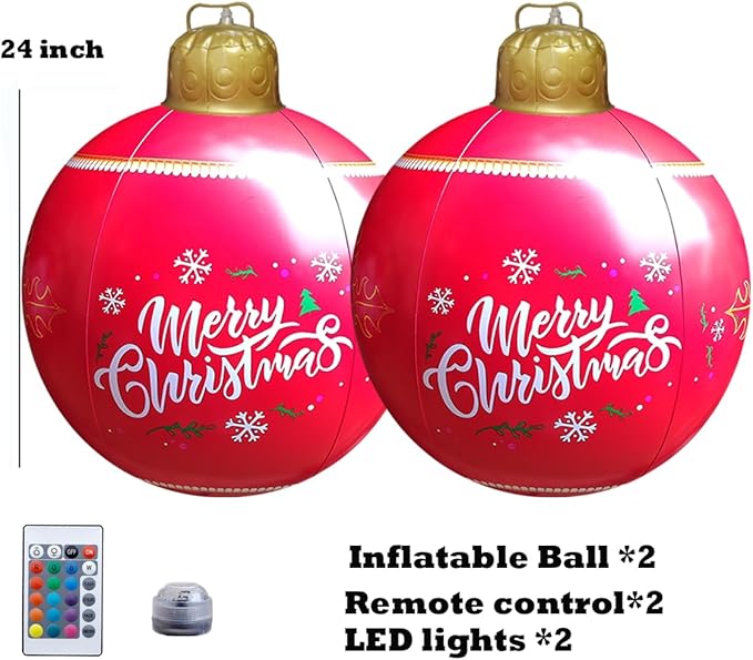 24 inch Inflatable Christmas Balls Ornaments, Christmas Decoration LED Lights with PVC, Giant Xmas Party Supplies, Garden Glow Up Balls with Remotes, Hanging Disco Balls Decor for Outdoor 2Red
