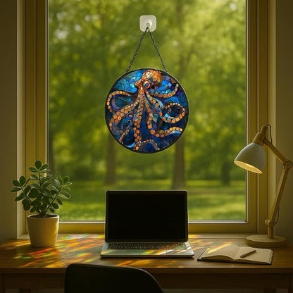 Stained Glass Window Hanging Octopus Theme， 7.8in Sun Catchers Panel for Indoor Decorative Display for Mom， Wife， Lovers， Festive