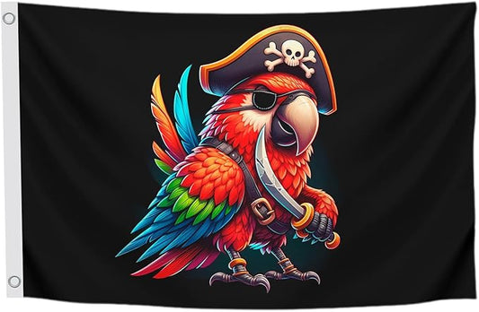 3x5 Ft Pirate Parrot Polyester Flag with 2 Grommets - Garden Yard Porch Patio Banner for Decor - Pirate Parrot Single Sided Flag or Black Boat Flags or Banners Man Cave Parrot - Outside Pirate Banner