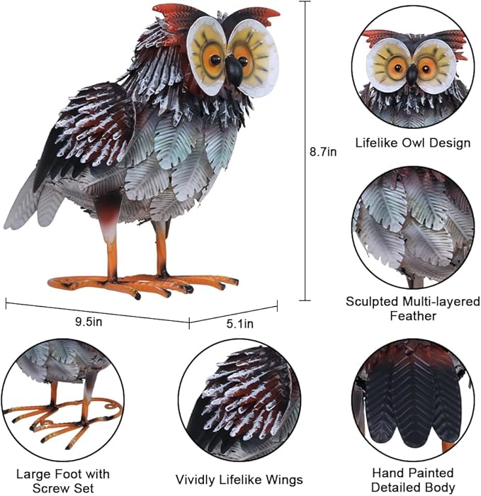 hogardeck Owl Garden Decor Outdoor Statues, 2PCs Large Metal Bird Standing Yard Art, Lawn Sculptures Ornaments for Outside Patio Pond Backyard, Holiday Sympathy Gifts for Grandma Mom