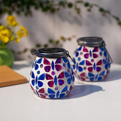 Stargarden Mosaic Solar Lanterns, Glass Hanging Lantern Waterproof Outdoor Hanging Solar Lights Butterfly Decorative Lantern for Garden ,Patio,Yard Decor