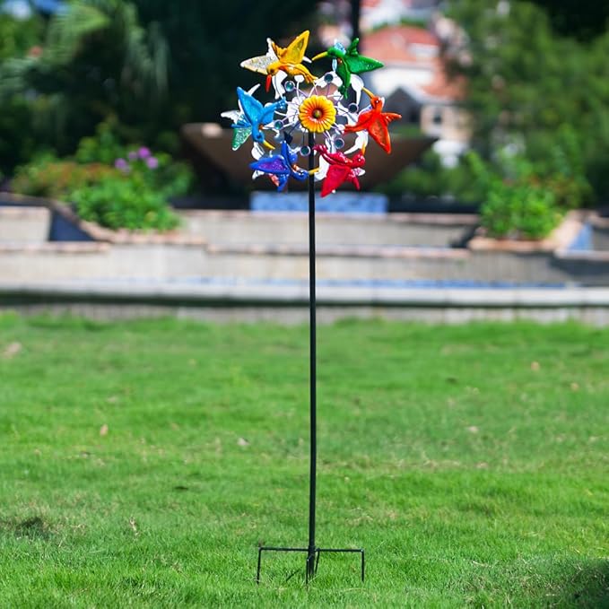 Wind Spinners Outdoor, Double-Sided Hummingbird Garden Windmill for Yard with 12 Colorful Bird Blades, Gemstone Decor Lawn Spinner, Unique Wind Spinners Art for Patio
