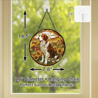Stained Glass Window Hanging - Farm Dog & Sunflower Field 7.8in Sun Catchers Indoor Stained Glass Panels Wall Decor for Mom, Wife, Lovers, Festive
