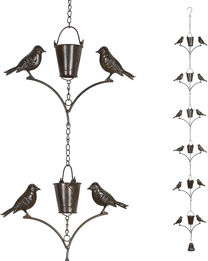 Topadorn Metal Rain Chain Decoration 6.3FT., Rain Catcher Metal Chain Gutter Downspout 76'' for House Eaves, Garden & Home, Birds & Buckets Shape Rain Chains