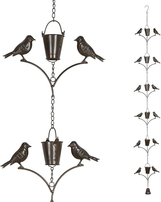 Topadorn Metal Rain Chain Decoration 6.3FT., Rain Catcher Metal Chain Gutter Downspout 76'' for House Eaves, Garden & Home, Birds & Buckets Shape Rain Chains