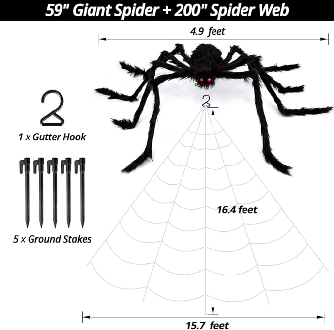 OCATO 200" Halloween Spider Web + 59" Giant Spider Decorations, Fake Spiders with Triangular Huge Spider Web, Indoor/Outdoor/Halloween Decorations/Yard/Home/Costumes Parties/Haunted House Decor, Black