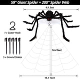 OCATO 200" Halloween Spider Web + 59" Giant Spider Decorations, Fake Spiders with Triangular Huge Spider Web, Indoor/Outdoor/Halloween Decorations/Yard/Home/Costumes Parties/Haunted House Decor, Black