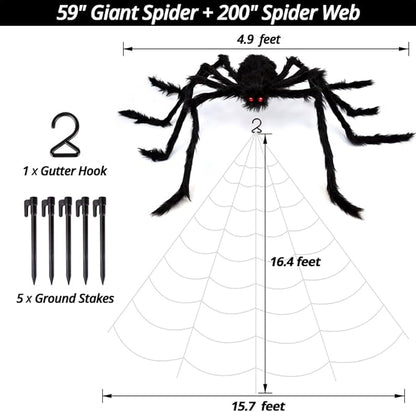 OCATO 200" Halloween Spider Web + 59" Giant Spider Decorations, Fake Spiders with Triangular Huge Spider Web, Indoor/Outdoor/Halloween Decorations/Yard/Home/Costumes Parties/Haunted House Decor, Black