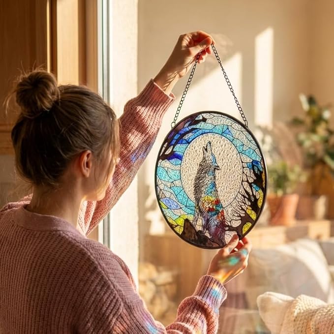 Stained Glass Window Hanging, Stained Glass Suncatcher, Wolf Sun Catcher with Metal Chain, Window Decor for Home Garden, Wolf Lover Gift, Housewarming, Christmas or Birthday Gift (Black)