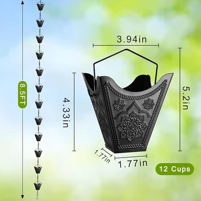 Vindar Rain Chains, 3D Mandala Carving Black Rain Chain, 8.5ft Large Cup Powder Metal Rain Chains for Outside, Replacement Downspout for Gutters Downspouts