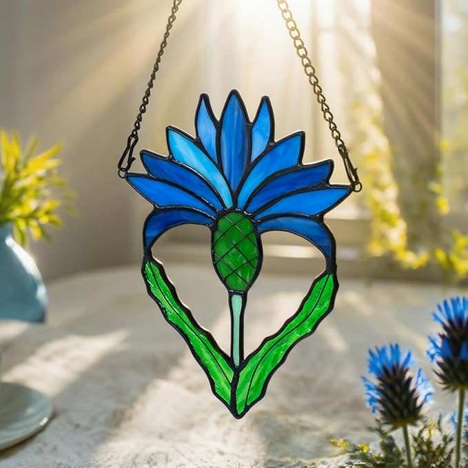 Scottish Thistle Flower Gifts Stained Glass Window Hanging,Fake Blue Flowers Decor Stained Glass Suncatcher,Artificial Flower Gift for Women Mom Grandma