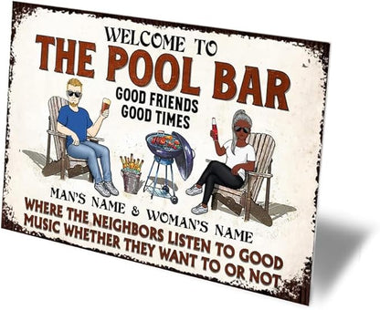 Custom Patio Backyard Metal Signs Where Neighbor Listen to Good Music Welcome Sign, personalized Retro Wall Decor for Home Gate Poolbar Balcony Basement Sign Gift tin signs vintage metal Funny Wall Decoration (Poolside)