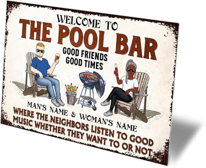 Custom Patio Backyard Metal Signs Where Neighbor Listen to Good Music Welcome Sign, personalized Retro Wall Decor for Home Gate Poolbar Balcony Basement Sign Gift tin signs vintage metal Funny Wall Decoration (Backyard)