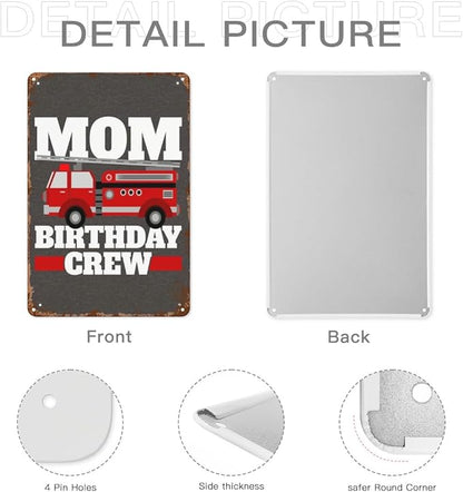 Vintage Tin Metal Sign Mom Of The Birthday Crew Fire Truck 8x12 Inches Retro Wall Decor for Home,Garden,Patio,Office,Kitchen,Bathroom,Living Room,and More! Funny Quotes & Motivational Decorations