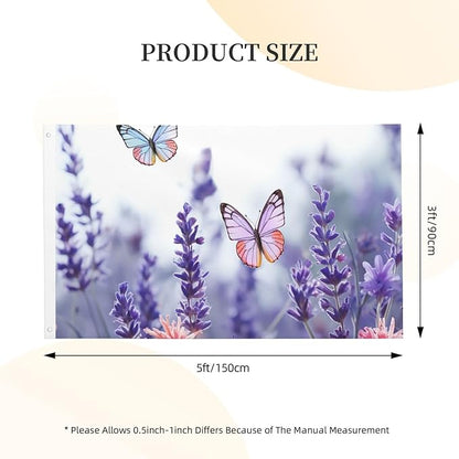 Lavender Flower Background with Butterflies Flag 3x5 Ft Outdoor Flags Double Sided Garden Flag Funny Outside Yard Flag Party Banner for Wall Art Hanging Poster Indoor Outdoor Decoration