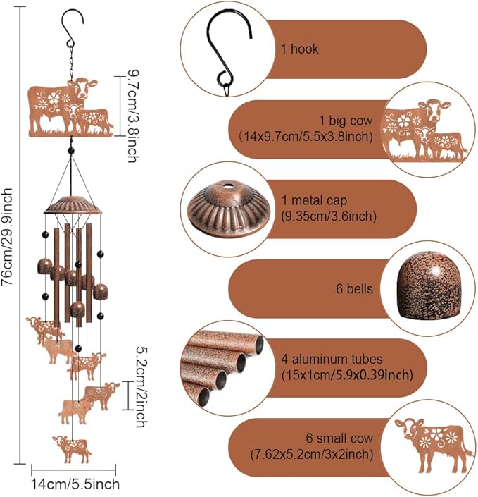 OLYCRAFT Cattle Metal Wind Chimes Outdoors Wind Chime Sympathy Memorial Windchime Iron Windchime Memorial Presents Hanging Windbell for Patio Backyard Home Garden Pendant Decoration - 30 Inch
