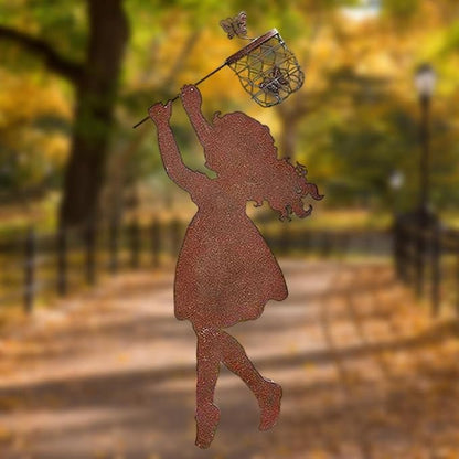 Iron Metal Weatherproof Butterfly Standing Silhouette Art Sculpture Statue for Garden, Girl