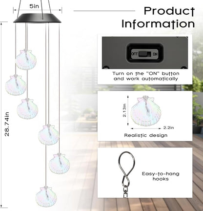 VIHOSE Solar Wind Chimes Lights Outdoor, Color Changing Hanging Solar Wind Chime, Shell Mobile LED Lights for Outside Garden Yard Patio Decor, Waterproof