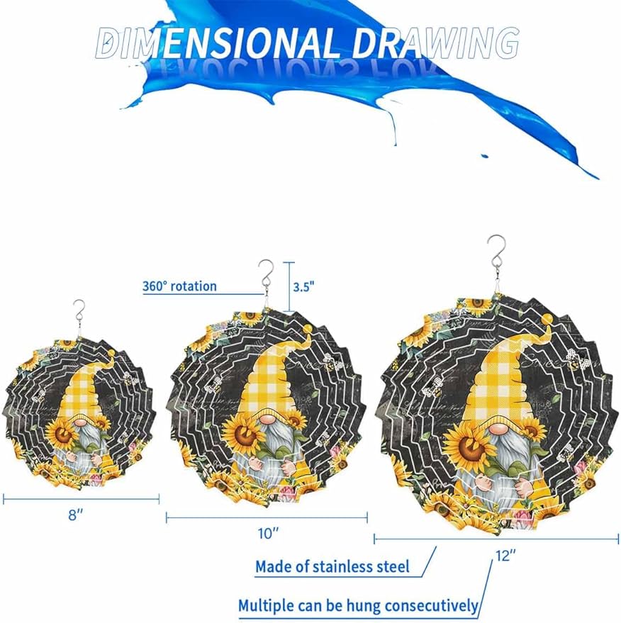Gnomes Black Wind Spinners Outdoor Inoor,Decorative Hanging Sunflower Ornaments for Yard Patio Garden,Yellow Sunflower Floral Bee Summer Spring Stainless Steel Metal Wind Sculpture Suspension Trim,8"