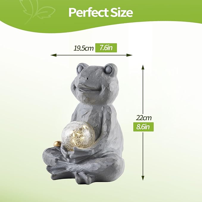 Zen Solar Frog Garden Statue with Crackle Glass Light, Meditation Outdoor Decor, Waterproof Solar Garden Accent, 8.7"